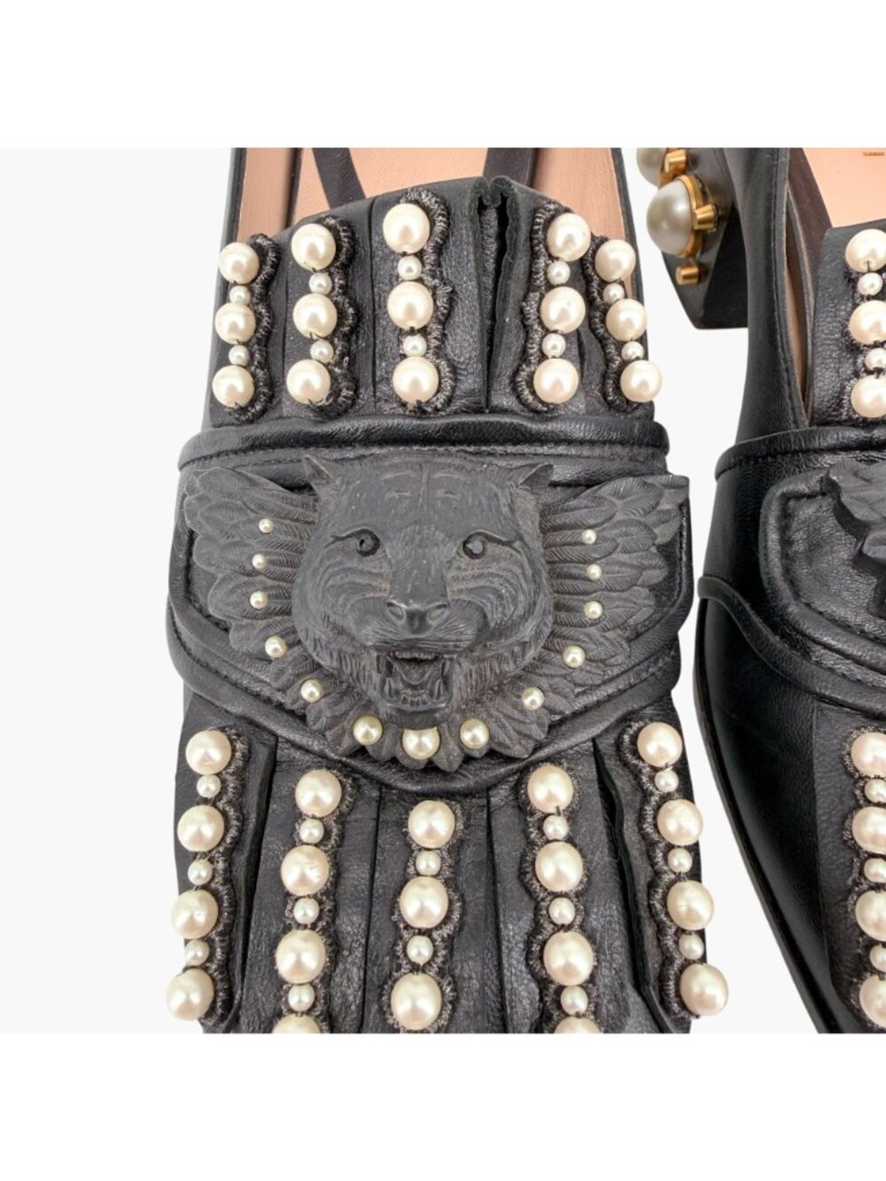 Gucci Lion Head Pearl Fringe Block Heel Loafer Pumps Black Leather Size 37 US 7 - Picture 5 of 15